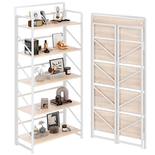 JSB Folding Bookshelf,Industrial Storage Shelves, No Assembly Vintage Wood Look Bookshelf with Storage Shelves for Living Room, Bedroom, Office (White, 5-Tier) - color: White, size: 5-Tier