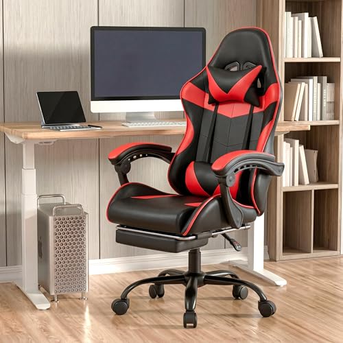 Gaming Chair, Ergonomic Computer Chair with Footrest and Lumbar Support, Height Adjustable Office Chair with 360° Swivel Seat and Headrest (Red & Black) - color: Red & Black