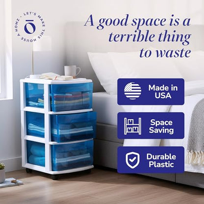 HOMZ Drawer Tower, 3-Tier Storage Cart with Removable Wheels, White Frame - color: White Frame/Blue Drawers, size: 1 Pack