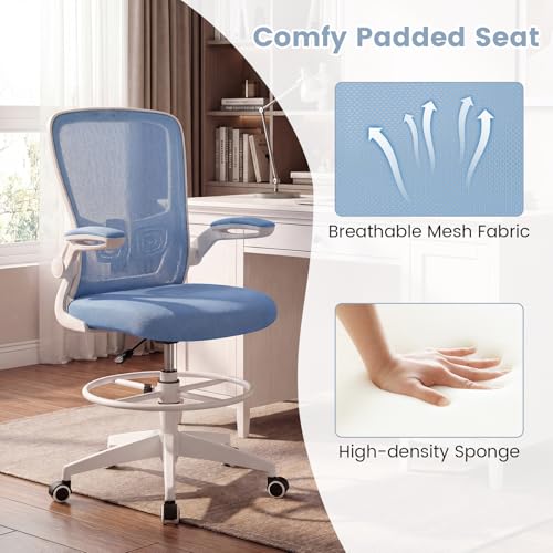 COSTWAY Drafting Chair with Flip-up Armrests & Adjustable Foot Ring, 1 Pack - color: Blue