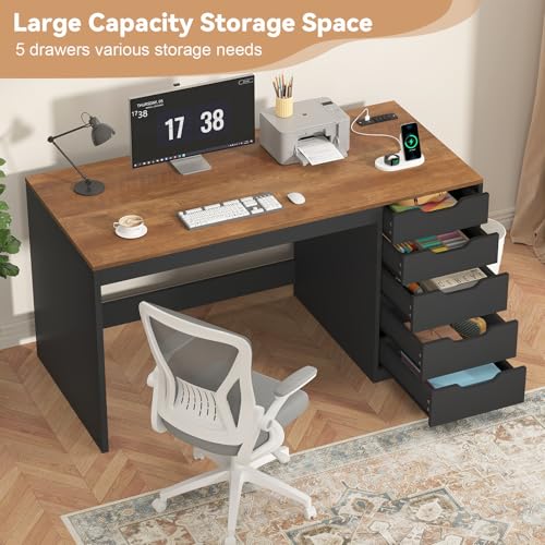 47 Inch Computer Desk with 5 Drawers and Power Outlets for Small Spaces - color: Brown and Black, size: 47inch-5drawers