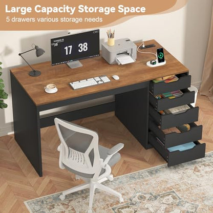 47 Inch Computer Desk with 5 Drawers and Power Outlets for Small Spaces - color: Brown and Black, size: 47inch-5drawers