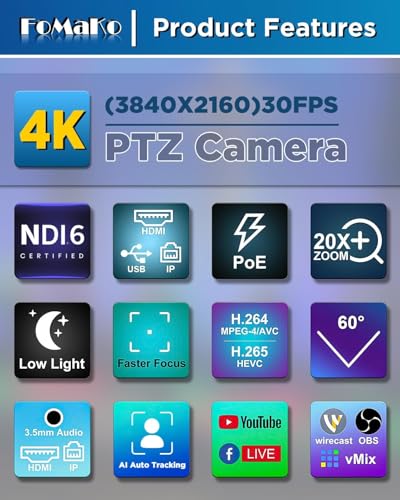 FoMaKo 4K 20X PTZ Camera HDMI with NDI and AI Auto-Tracking PTZ Camera,for Church Worship Education Conference Events,NDI 6 & NDI HX3 Certified(K20UHx2+KC608 Pro) BK20UH2 - color: Glossy Black
