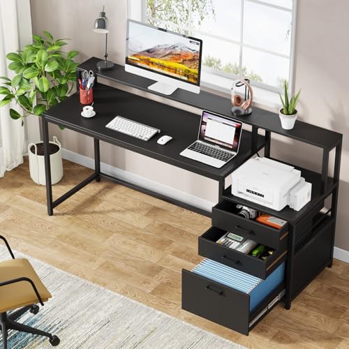 Tribesigns 63 Inch Computer Desk with File Drawer Cabinet, Home Office Desk - color: Black