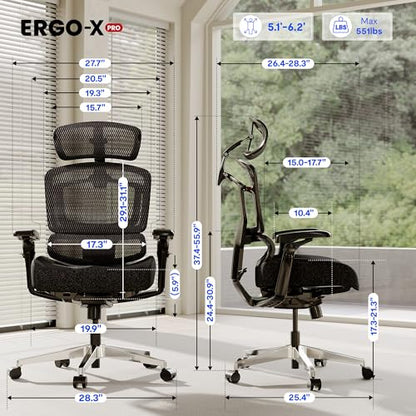FLEXISPOT ErgoX-PRO Ergonomic Office Chair Black – Cloudtech Cushion, 5D Lumbar, 7D Armrests, 4D Headrest, 551LBS Capacity – Office, Gaming, Home - color: Cloudtech Black, size: Overall Depth 29"