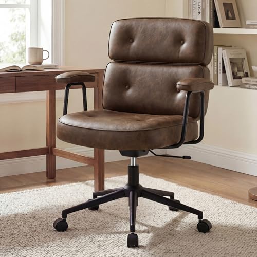 Ergonomic Leather Office Chair, High Back Executive Desk Chair | Comfy Lumbar Support, Padded Arms, Adjustable Height, 360° Swivel Rolling Computer Chairs for Home Office, Brown - color: Brown