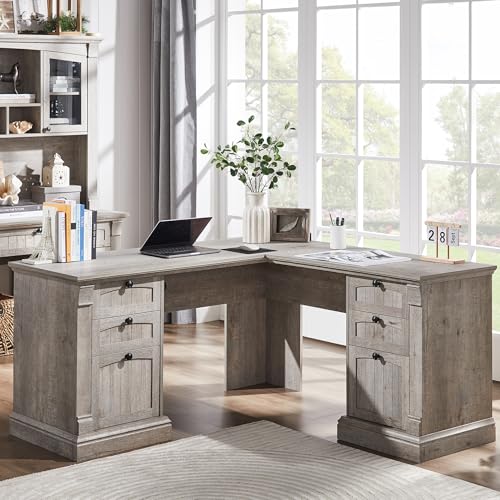 OKD 60" L Shaped Executive Desk, Farmhouse Desk with Drawers, Gray Oak - color: Light Rustic Oak