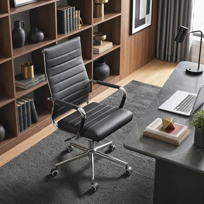 Okeysen Office Desk Chair, Ergonomic Leather Modern Conference Room Chairs, Executive Ribbed Height Adjustable Swivel Rolling Chair for Home Office. (Black) - color: Black