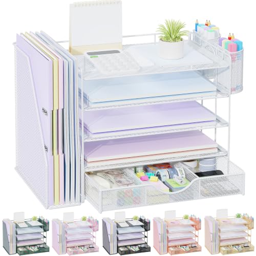 gianotter 5-Tier Desk Organizer with Drawers and File Holders | Letter Trays and Pen Holders - Workspace Accessories for Office Supplies (White) - color: White, size: 5T