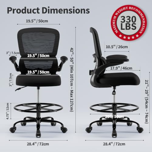 TRALT Drafting Chair - Tall Office Chair with Lumbar Support for High Desk - color: Black