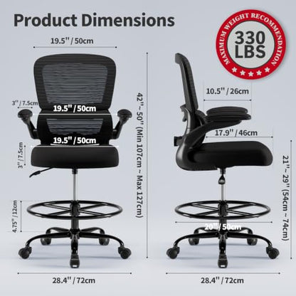 TRALT Drafting Chair - Tall Office Chair with Lumbar Support for High Desk - color: Black