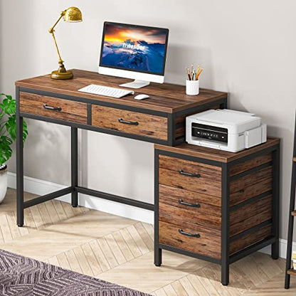 Tribesigns Computer Desk with 5 Drawers, Reversible Home Office Desks - color: Rustic Brown