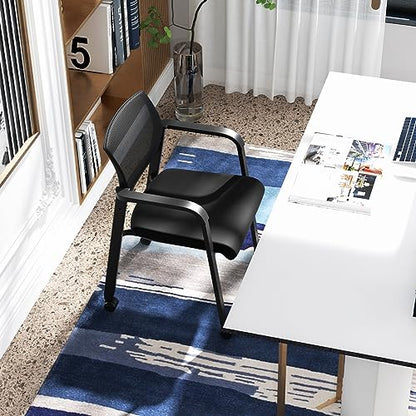 Tangkula Rolling Conference Room Chairs Set of 6, Stackable Office Guest Mesh Chairs with Armrests and Wheels, Ideal for Waiting Room Office, School, Lobby (Black) - color: Black, size: Set of 6