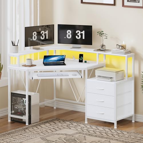 47" Corner Desk with Drawers, Power Outlets ＆ Printer Shelf for Small Space - color: White