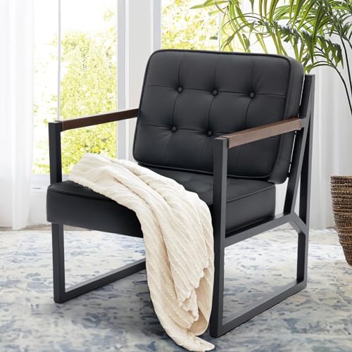 COLAMY Black Leather Accent Chair, Accent Arm Chair for Living Room, Comfy Armchair with Metal Legs for Living Room Bedroom Reception Waiting Room - color: Black, size: Set of 1