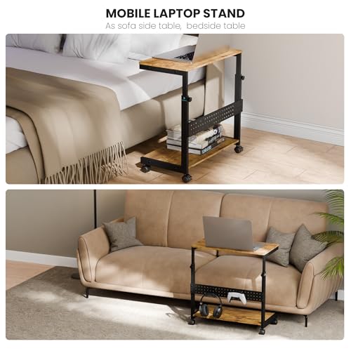 EUREKA ERGONOMIC PC Stand Computer Cart, Height Adjustable Tower Stand 2-Tier Suit for ATX Case Printer, Metal Rolling Cart on Wheels for Gaming Home Office, Antique Wood - color: Antique Wood