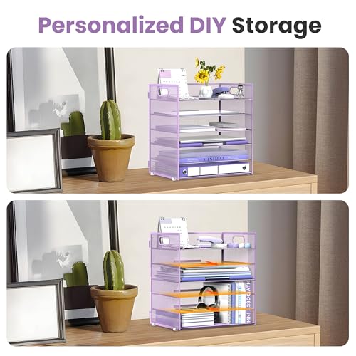 Daltack 6-Tier Paper Organizer for Desk with Handle, Purple | Sturdy Metal Mesh Organizer with Movable Middle Trays and a Carry Handle for Papers, Folders and Office Supplies - color: Purple
