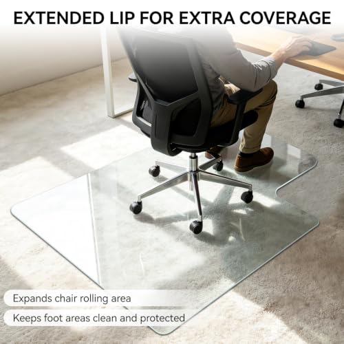 Tempered Glass Chair Mat with Lip, 36" x 47" Heavy Duty Office Chair Mat for Carpet & Hardwood Floors, Clear Floor Protector for Rolling Chairs, Supports up to 1200 lbs, 12 Anti-Slip Pads