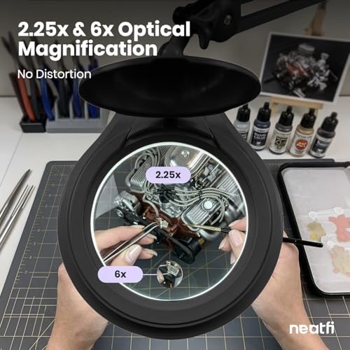 Neatfi LED Bifocal Magnifying Lamp 1,200 Lumens – 5” Glass Lens, Dual Magnification 2.25X/6X, Dimmable | Adjustable Arm with Clamp | Crafting, Jewelry & Reading (5 Diopter + 20 Diopter, Black) - color: Black, size: 5 Diopter + 20 Diopter