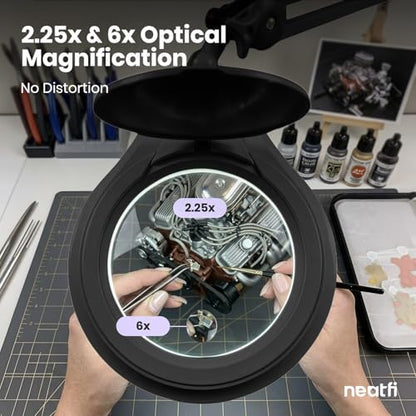 Neatfi LED Bifocal Magnifying Lamp 1,200 Lumens – 5” Glass Lens, Dual Magnification 2.25X/6X, Dimmable | Adjustable Arm with Clamp | Crafting, Jewelry & Reading (5 Diopter + 20 Diopter, Black) - color: Black, size: 5 Diopter + 20 Diopter
