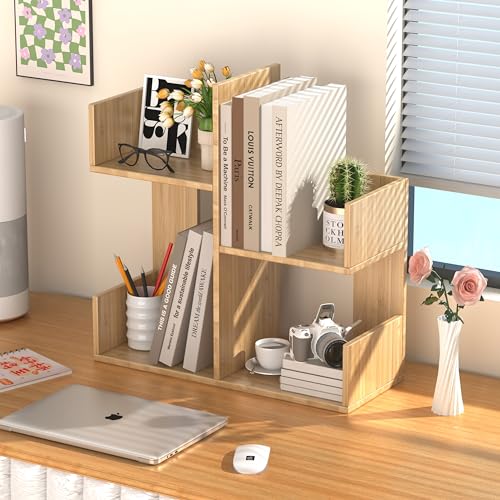 Modern 2-Tier Desk Bookshelf, Short Book Organizer, Display Shelf & Desktop Storage Rack, Space-Saving Desk Bookshelf for Books, Decor & Small Items, Natural - color: Natural