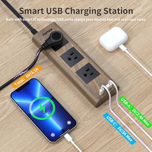 TOPREK Power Strip Surge Protector (1800J), 10 FT Flat Extension Cord with Ultra Thin Flat Plug, 3 Widely-Spaced Outlets with 1 USB-C & 1 USB-A, Wood Finish USB Charging Station for Home, Office, Dorm