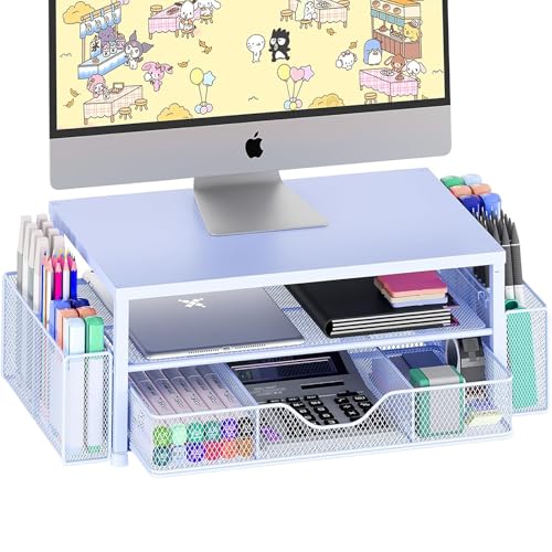 Desk Organizers and Accessories, Computer Monitor Stand Riser with Drawer and 2 Pen Holders, Printer & Laptop Stand, Office Desk Accessories & Workspace Organizers for Home Office Supplies, Blue - color: Blue 1-Pack