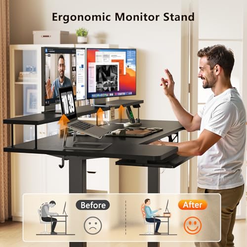 OffiGo 55 Inch U Shaped Electric Standing Desk with Keyboard Tray, Black - color: Black, size: 55 Inch