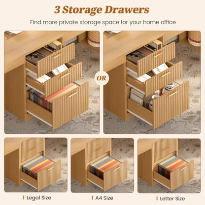 SEDETA Fluted 96.5" Computer Desk with Drawers, 2 Person Home Office Desk, Gaming Double Desk with Storage Shelves, Long Two Person Writing Desk, Natural - color: Fluted Natural