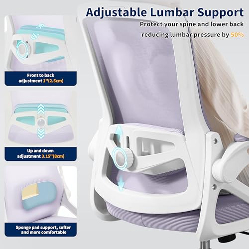 Ergonomic Office Chair, Desk Chair with Adjustable Lumbar Support, Breathable Mesh Comfy Computer Chairs with Flip-up Armrests Executive Task Chair for Adults Home Office(Lavender) - color: Lavender