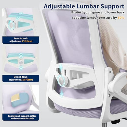Ergonomic Office Chair, Desk Chair with Adjustable Lumbar Support, Breathable Mesh Comfy Computer Chairs with Flip-up Armrests Executive Task Chair for Adults Home Office(Lavender) - color: Lavender
