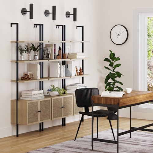 Nathan James Theo Industrial Open Shelf Bookcase with Accent Rattan Drawers Light Oak Wood, Matte Black Frame, Set of 3 - color: Theo Light Oak/Black, size: Set of 3