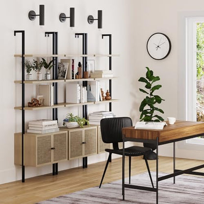 Nathan James Theo Industrial Open Shelf Bookcase with Accent Rattan Drawers Light Oak Wood, Matte Black Frame, Set of 3 - color: Theo Light Oak/Black, size: Set of 3