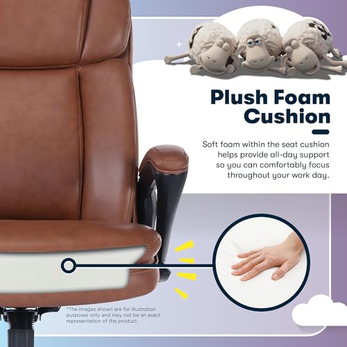 Serta Fairbanks Big & Tall Executive Office Chair, Ergonomic High-Back with Lumbar Support, Semi-Plush Seat Cushion and Body Pillows, Padded Armrests, Nylon Swivel Base, Bonded Leather, Cognac Brown - color: Cognac, size: 350 lbs