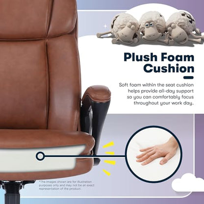 Serta Fairbanks Big & Tall Executive Office Chair, Ergonomic High-Back with Lumbar Support, Semi-Plush Seat Cushion and Body Pillows, Padded Armrests, Nylon Swivel Base, Bonded Leather, Cognac Brown - color: Cognac, size: 350 lbs