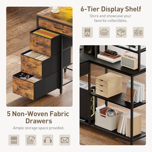 L Shaped Computer Desk with Drawers, 53'' Gaming Desk with Storage Shelves, Corner Computer Desk with Power Outlets & LED Light, Home Office Desk with Monitor Stand and Pegboard, Rustic Brown