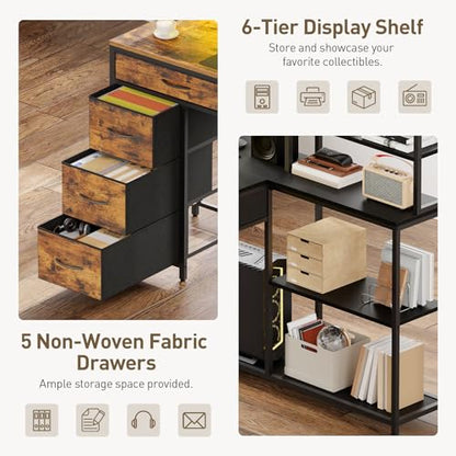 L Shaped Computer Desk with Drawers, 53'' Gaming Desk with Storage Shelves, Corner Computer Desk with Power Outlets & LED Light, Home Office Desk with Monitor Stand and Pegboard, Rustic Brown