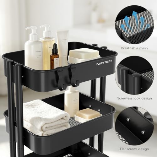 3 Tier Rolling Cart Metal Utility Cart with Lockable Wheels Home Office - color: Black, size: Small