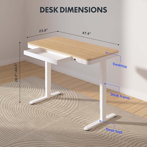 FLEXISPOT Comhar 48" Electric Standing Desk with Drawers, USB Charging Ports, Quick Assembly, Height Adjustable Sit Stand Desk with Child Lock for Natural Home Office, Bamboo Finish Top/White Legs - size: 48"Bamboo Texture/White