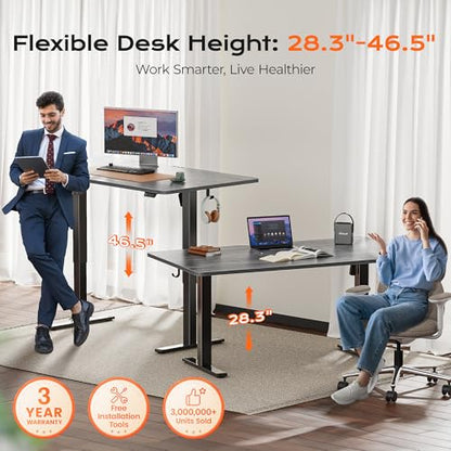 Huuger 63 x 28 Large Electric Standing Desk, Height Adjustable Computer Desk, 27.6" Deep Desktop, Stand up Gaming Office Table with 2 Hooks, 3 Preset Heights, for Home Office, Grey - color: Grey, size: 63*28 inch (no outlets)