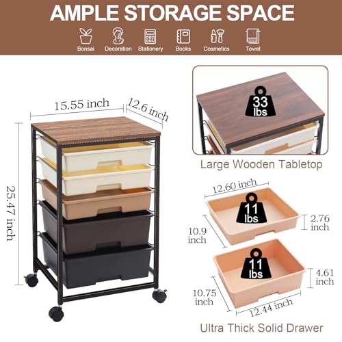 SYKIARIOL Rolling Cart with Drawers, 5 Drawers Utility Cart, Dark Brown - color: Dark Brown
