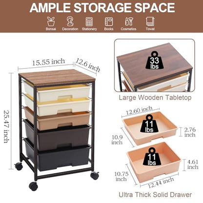SYKIARIOL Rolling Cart with Drawers, 5 Drawers Utility Cart, Dark Brown - color: Dark Brown