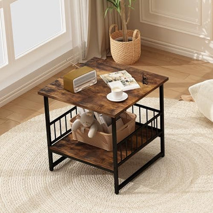 DHMAKER End Table, Industrial Side Table with 2-Tire Storage Shelf, 180LBS Mini Fridge Stand with Adjustable Feet, 24"x24" Wood Night Stand Small Bedside Table for Living Room Bedroom, Brown - color: Rustic Brown 1pc 24inch