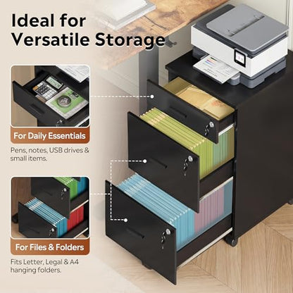 DEVAISE 3 Drawer File Cabinet with Lock & Wheels, Wood Printer Stand, Black - color: Black