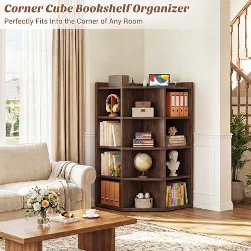 Aheaplus Corner Cabinet, 5-Tier Wooden Corner Bookshelf with Power Outlets | Walnut Corner Cube Storage Shelf with Top Table, Wooden L Cubby Toy Storage with 12 Cubes for Bedroom, Living Room, Office - color: Black Walnut, size: 5-Tier