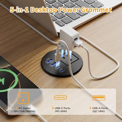 2-1/2" Desk Power Grommet, PD 20W USB-C, 2 AC Outlets - size: 2-1/2" Hole