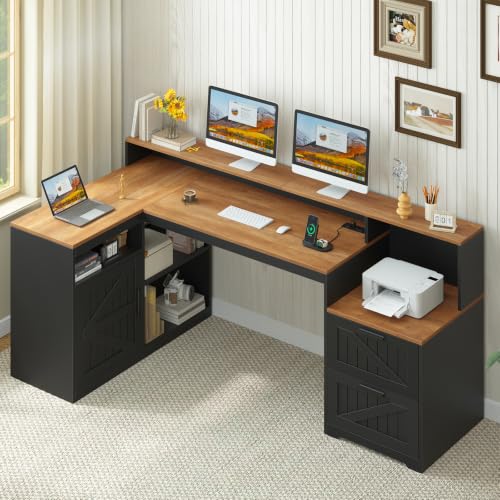65" Farmhouse Computer Desk with Drawers and Printer Stand for Home Office - color: Brown and Black