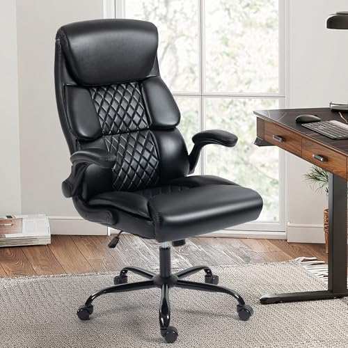 Office Chair - Ergonomic High Back Computer Desk Chair with Rocking Function & Lumbar Support - Executive Comfortable Wide Swivel Rolling Office Leather Chair with Flip-up Armrests for Home Gaming - color: Black, size: 9008 With Flip-up Armrests