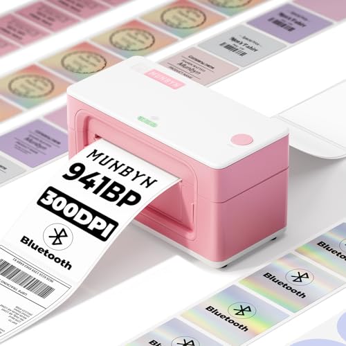 MUNBYN Bluetooth Thermal Label Printer 941BP, 300DPI Wireless 4x6 Shipping - color: Pink