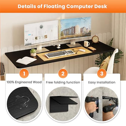IAE Wall Mounted Folding Desk,Floating Computer Desk for Small Spaces,Black | 48x22in engineered wood desktop with metal brackets, folds flat to save space in home office, apartment and laundry room - color: Black, size: 48"*22"